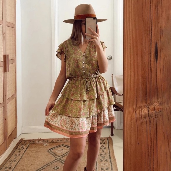 Green Floral Boho Retro Tiered Ruffle Mini Dress - Picture 2 of 12